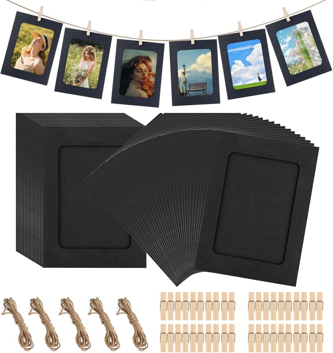 SnelShoppen - Set van 50 Foto Garlands met Clips - 10 x 15 cm - Zwart - Inclusief 50 Houten Clips en 5 Juten Touwen - DIY Fotolijst voor Verjaardag, B