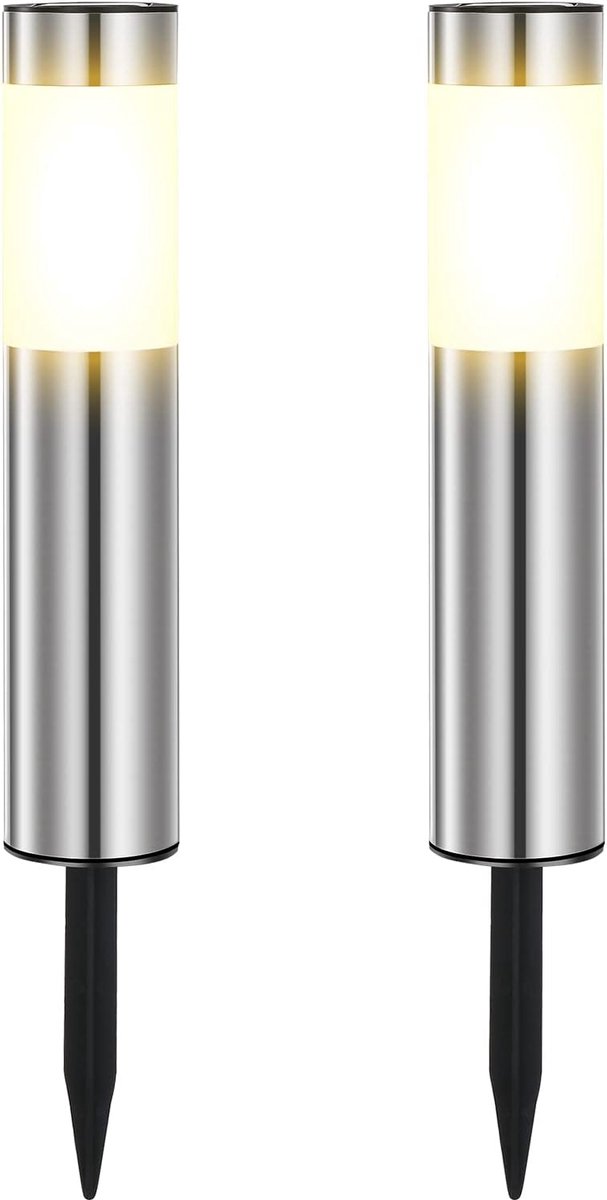 SnelShoppen - Solar Lights Outdoor Warm Light - 2 Stuks Waterdichte LED Tuinverlichting van RVS voor Terras, Gazon, Tuin en Paden - Solar Gevoed, Verb