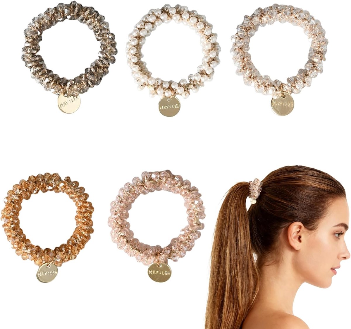 SnelShoppen - Pack van 5 Parel Haarbandjes, Crystal Haaraccessoires voor Vrouwen, Elastische Paardenstaart Houder, Geschikt voor Feest, Casual, Wit, D