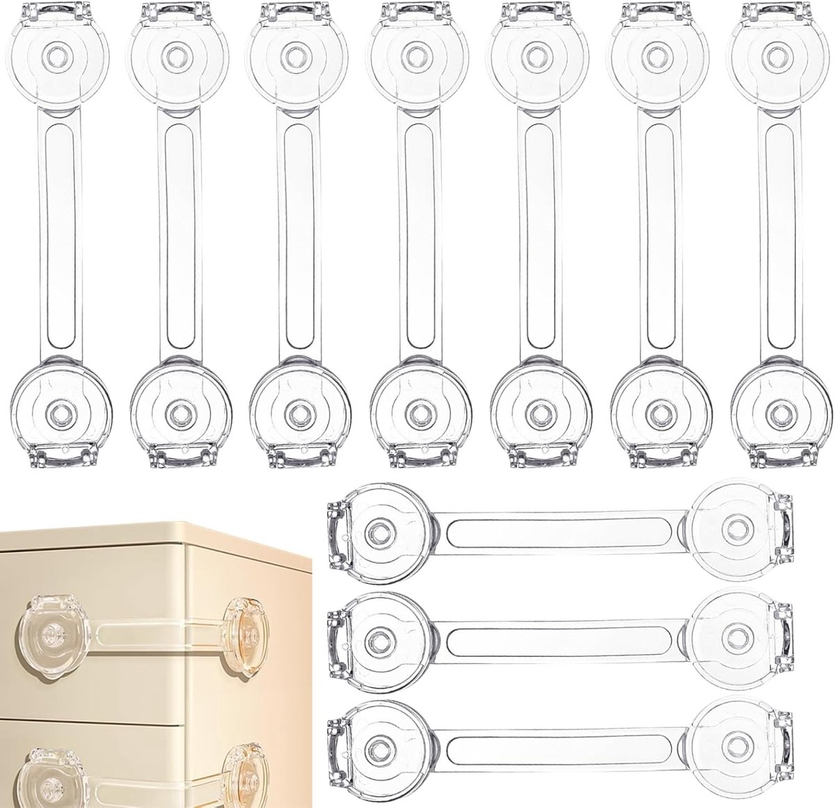 SnelShoppen - 10 Pcs Kindveilige Lock Lang Stijl Kast Lades Beveiliging Verstelbare Deurslot Transparent Veiligheid voor Kinderen Keuken, Badkamer, Wo