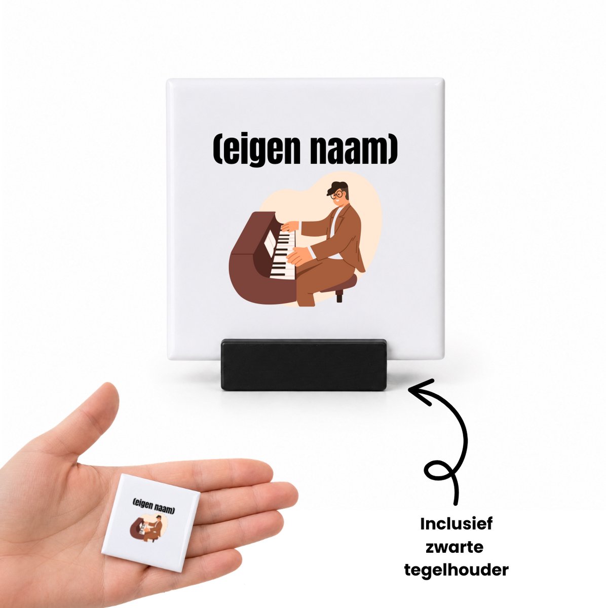 Hacebo piano man met eigen naam tegeltje met tegelhouder - Piano - muziek liefhebbers - tegeltjes met tekst - iemand die houdt van piano spelen - verjaardag - cadeau - kado - spreuktegels - 4.8x4.8 CM Wit