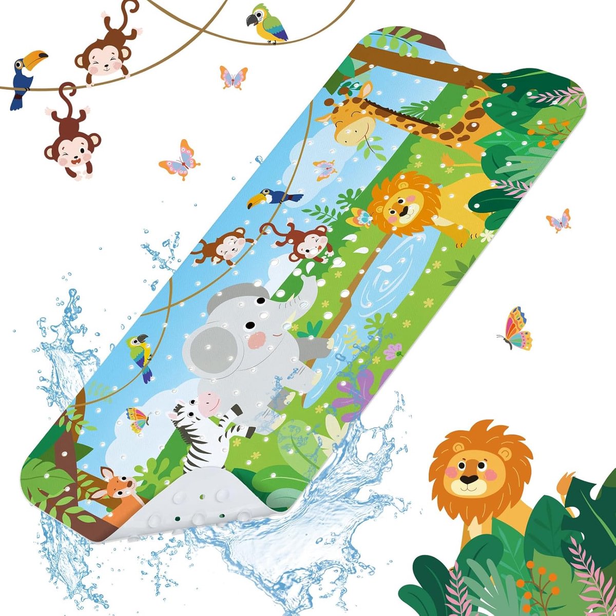 SnelShoppen - Jungle Dieren Badmat Anti-slip voor Kinderen 100x40cm - Extra Lange Baby Badmat - Machinewasbaar - Schimmelvrij - Kinderen en Peuters -