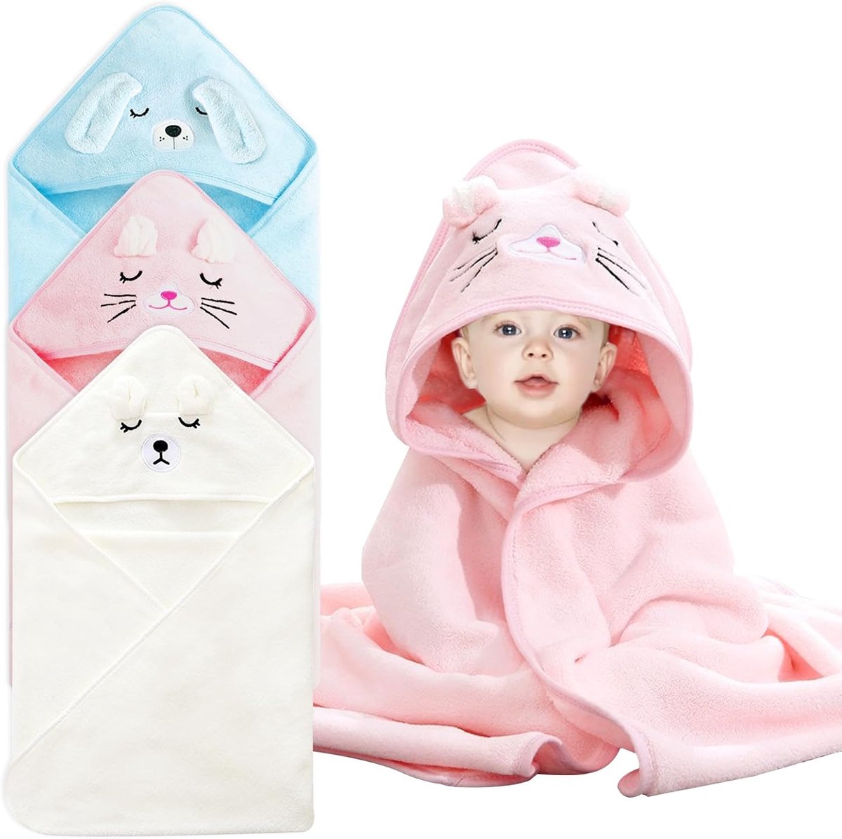SnelShoppen - 3 Pcs Baby Handdoek met Kap, 80 x 80 cm, Zachte en Super Absorberende Badhanddoeken, Hooded Towel voor Baby's en Peuters, Wit Beer + Roz