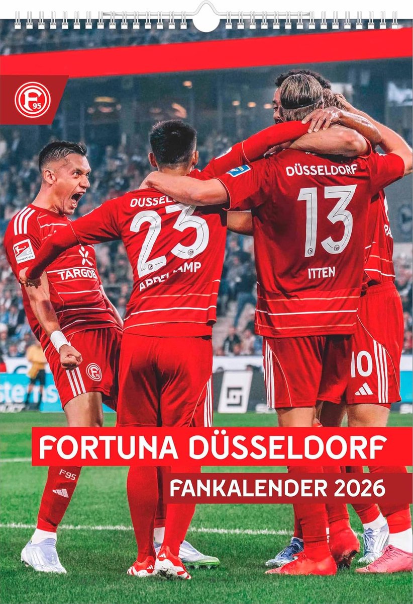 SnelShoppen - Fortuna Düsseldorf 2026 Wandkalender A3 - 12 Maanden - Spiralbinding - Duits Kalendarium - Voetbal Fankalender met Spelerfoto's in Rood-