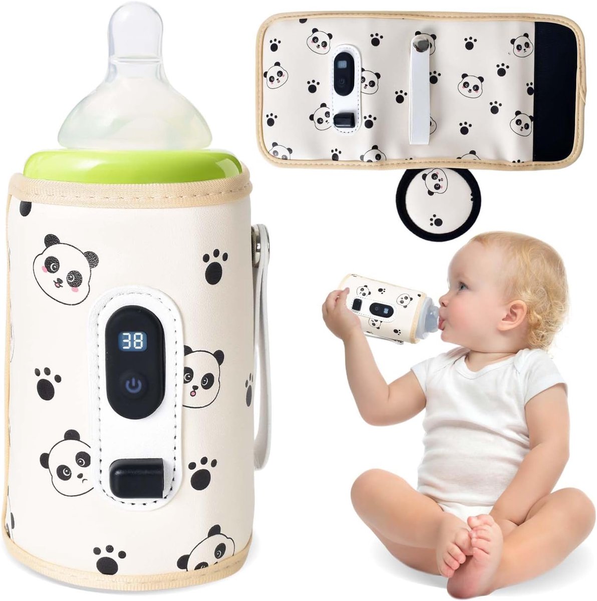 SnelShoppen - USB Portable Baby Bottle Warmer met LCD Display - Babyfles Verwarmer voor Buiten - 5 Instelbare Temperaturen (38-55°C) - Ideaal voor Bor
