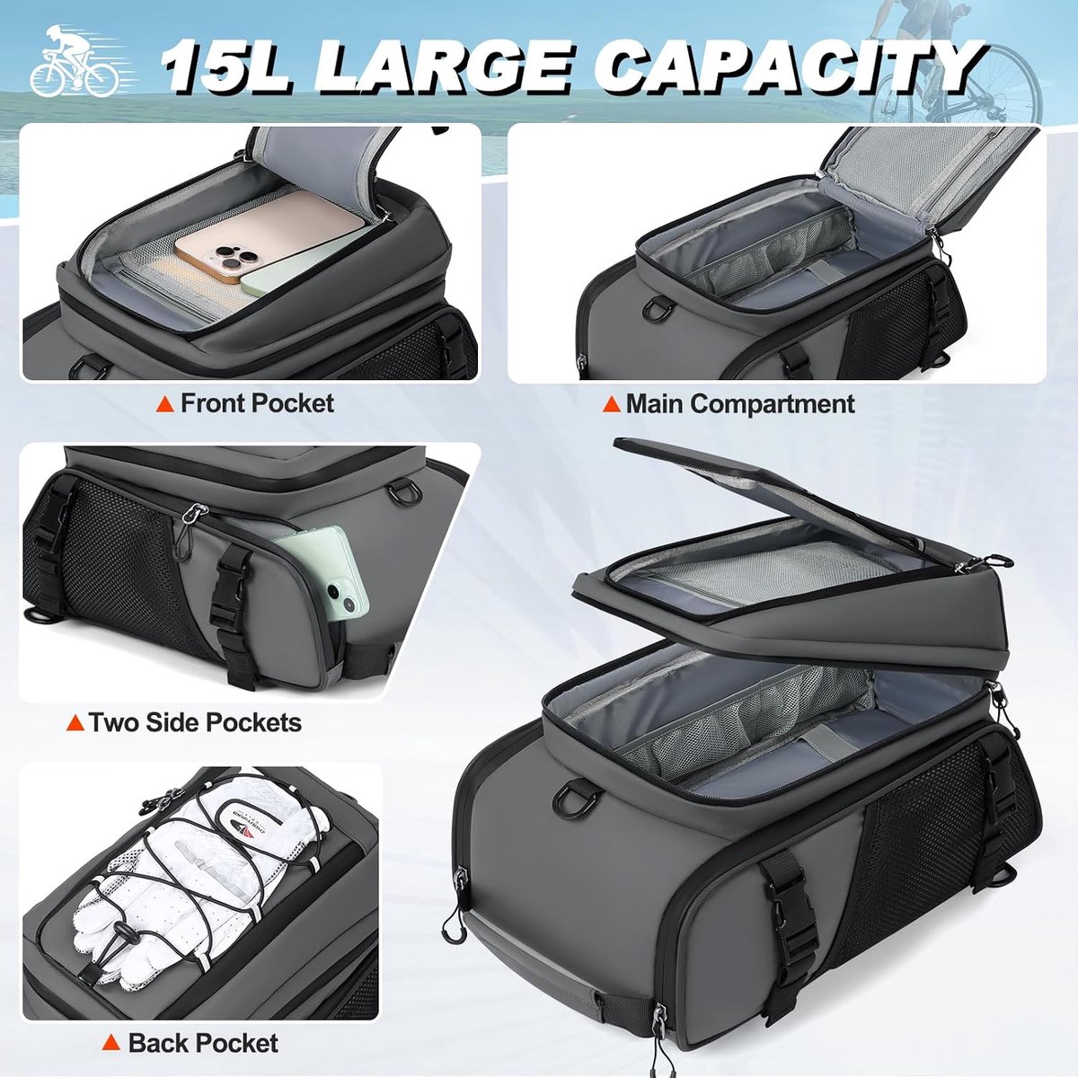 SnelShoppen - 3-in-1 Fietstas - 15L Waterdichte Pannier Bag met Reflecterende Details - Grijs - Ideaal voor Fietstochten, Stadsgebruik en Dagelijkse A