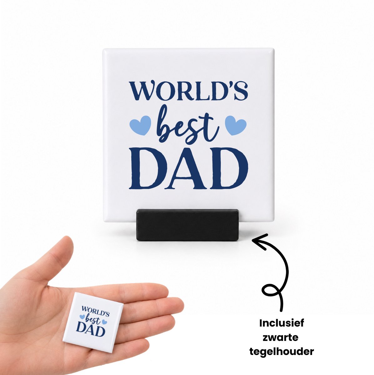 Hacebo World's best dad met 2 hartjes tegeltje met tegelhouder - Papa - Beste papa - tegeltjes met tekst - Vaderdag cadeautje - Cadeau voor papa - Verjaardag - Geschenk - Cadeau - Gift - spreuktegels - 4.8x4.8 CM Wit