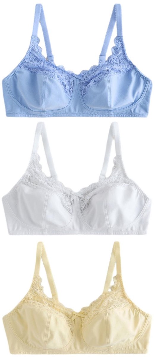 Next Dames - Set van 3 hoog ondersteunende beha's van katoen en kant zonder vulling en zonder beugel - Blauw Blue/Yellow/White