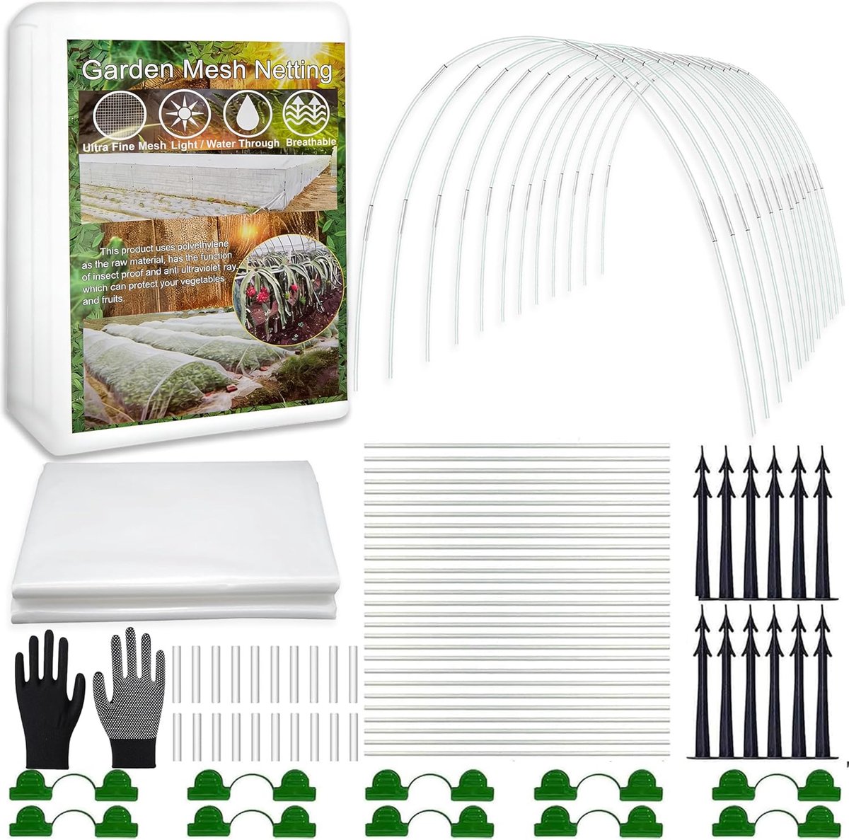 SnelShoppen - Plant Tunnel 2.5 x 15 m - Insectenbescherming Net voor Groenten en Planten - Tuin Tunnel met 30 Boogframes, Clips en Haringen