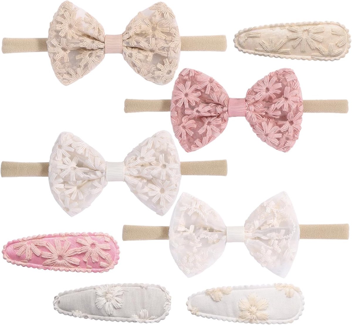 SnelShoppen - 8-delige set Baby Haarbanden en Clips, Zachte Bloemige Haartoebehoren voor Meisjes, Roze/Wit, Perfect voor Feestjes en Dagelijks Gebruik