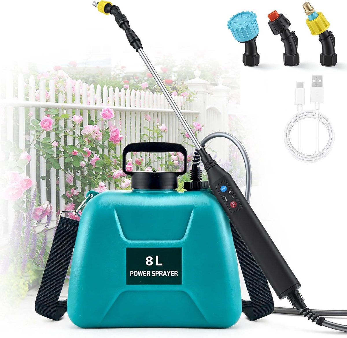 SnelShoppen - Elektrische Drukspuit 8 Liter, Plantensproeier met 3 Verwisselbare Sproeiers, USB-Oplaadbare Handgreep, Verstelbare Schouderriem en Tele