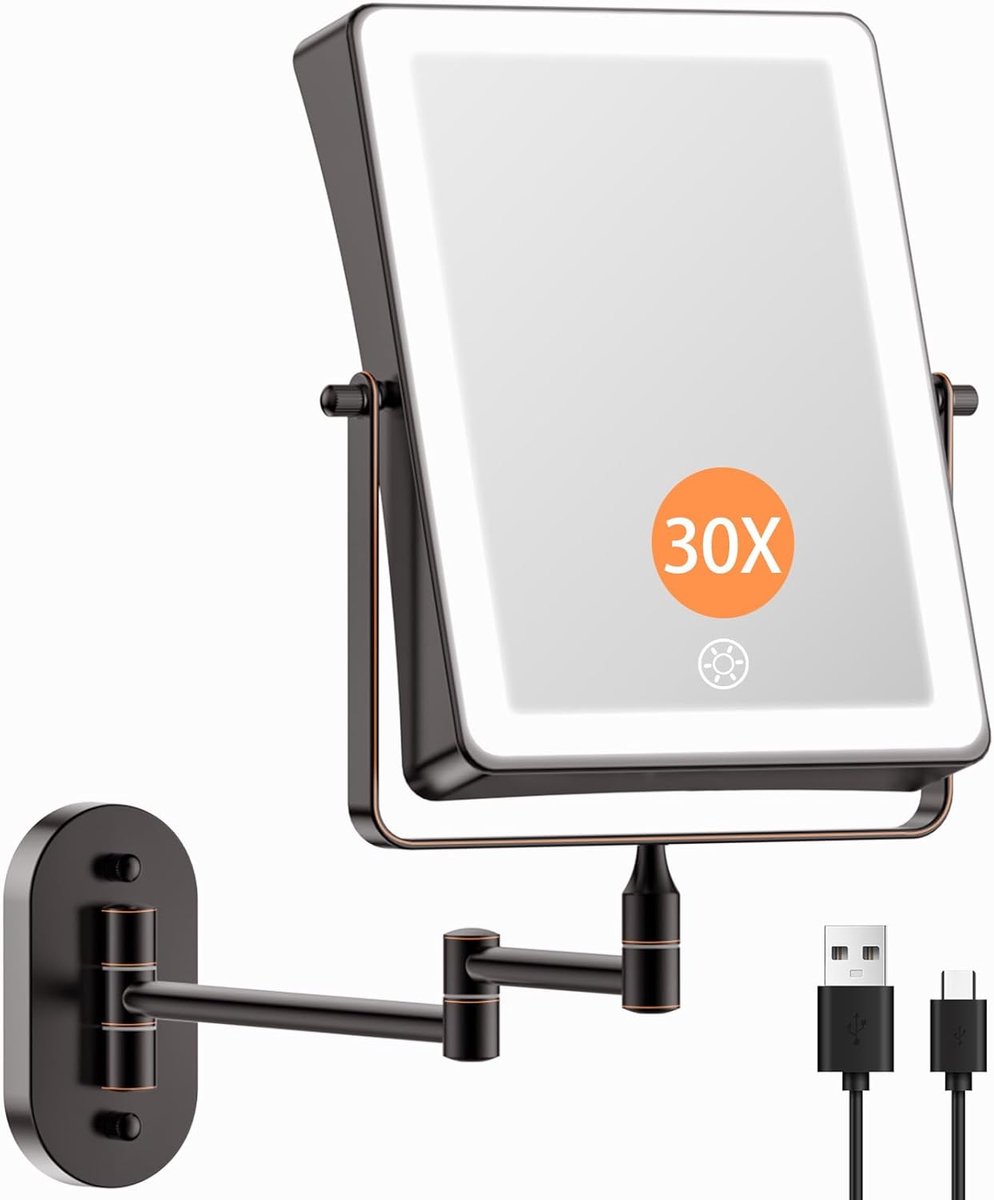 SnelShoppen - Oplaadbare Makeup Spiegel met LED Verlichting - 5000 mAh Dimbare Wandspiegel - 1/30x Vergroting - 360° Rotatable - Rectangulair Ontwerp