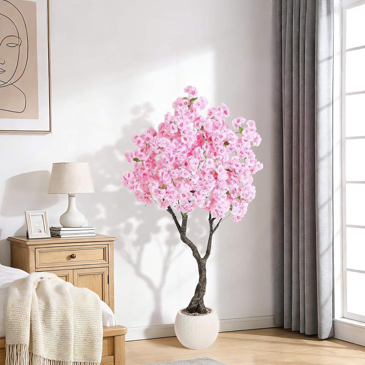 Realistische roze kunstkersenbloesemboom in pot – 5FT (150 cm) kunstplant – zijden bloemen en levensechte bladeren – UV-bestendig – onderhoudsvriendelijke decoratieve boom – voor binnen en buiten, thuis