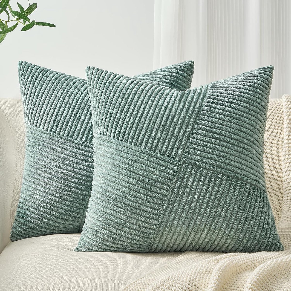 SnelShoppen - Set van 2 45x45 cm Grijs Groene Corduroy Velvet Kussenhoezen met Windmolen Strepen Patroon - Decoratieve Sofa Kussenhoezen voor Woonkame
