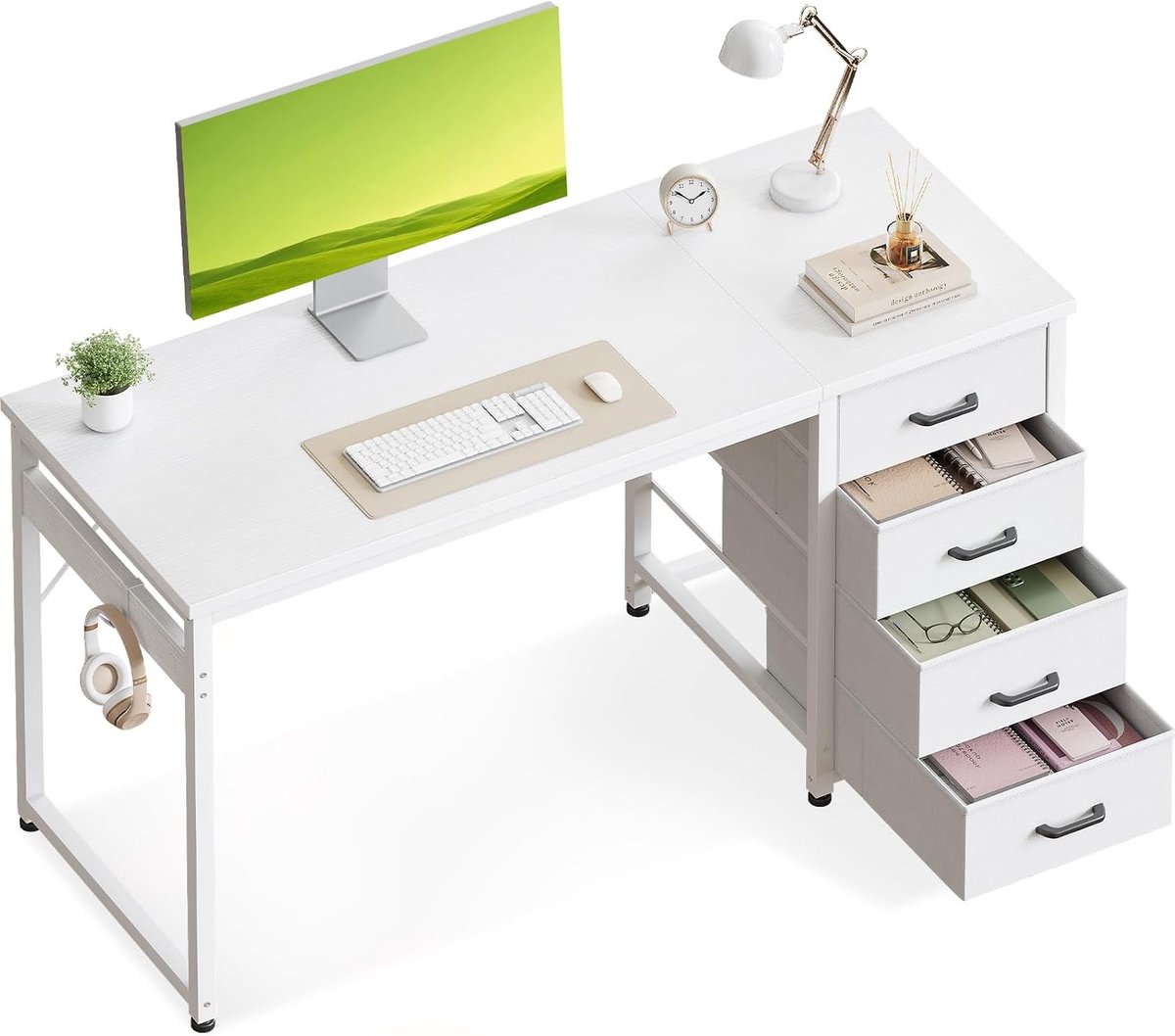 SnelShoppen - ODK Bureau met 4 Lades, 120x48x76 cm, Computer Tafel met Hoofdtelefoonhouder, Houten Bureau voor Thuiswerk, Wit, Ruimtebesparend voor St