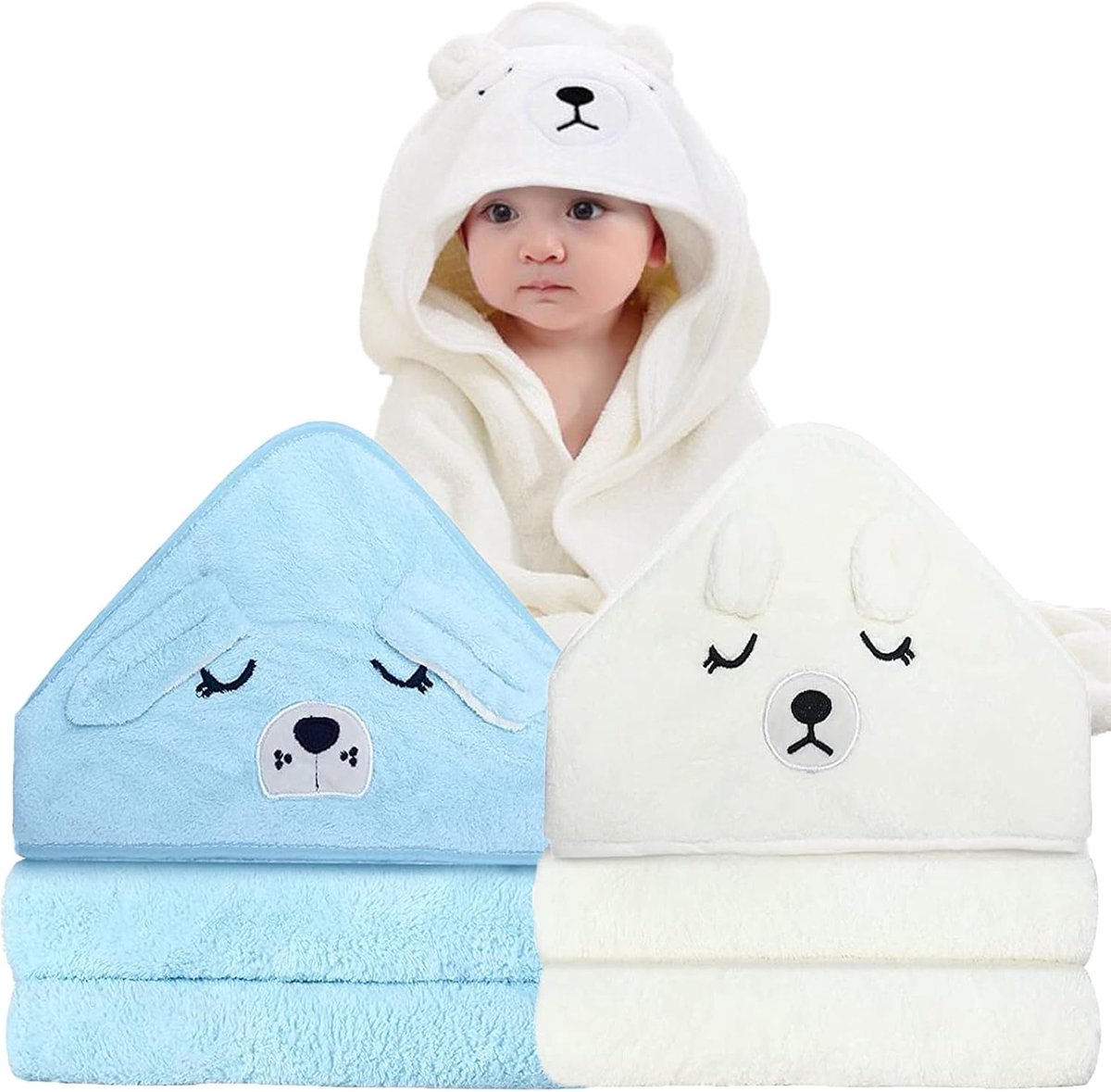 SnelShoppen - Set van 2 Baby Handdoeken met Kap 80 x 80 cm - Bamboe Badhanddoeken voor Baby's - Schattige Dieren Motief in Blauw en Wit - Geschikt voo
