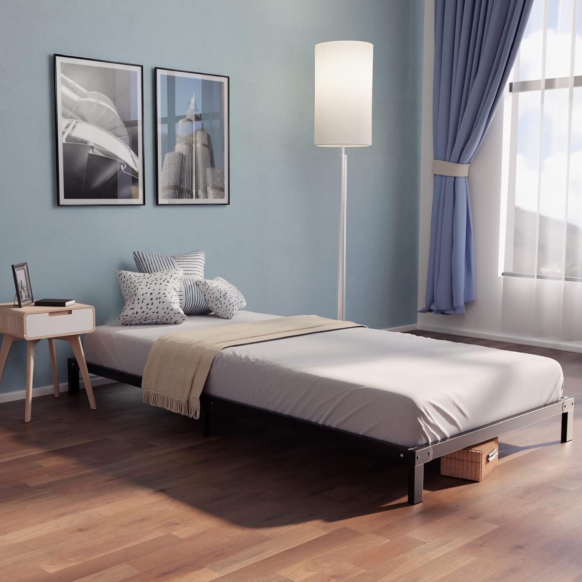SnelShoppen - Bedframe 90x200 cm met Lattenbodem - Stevige Metaalconstructie met 25 cm Hoogte - Eenvoudige Montage en Opbergruimte