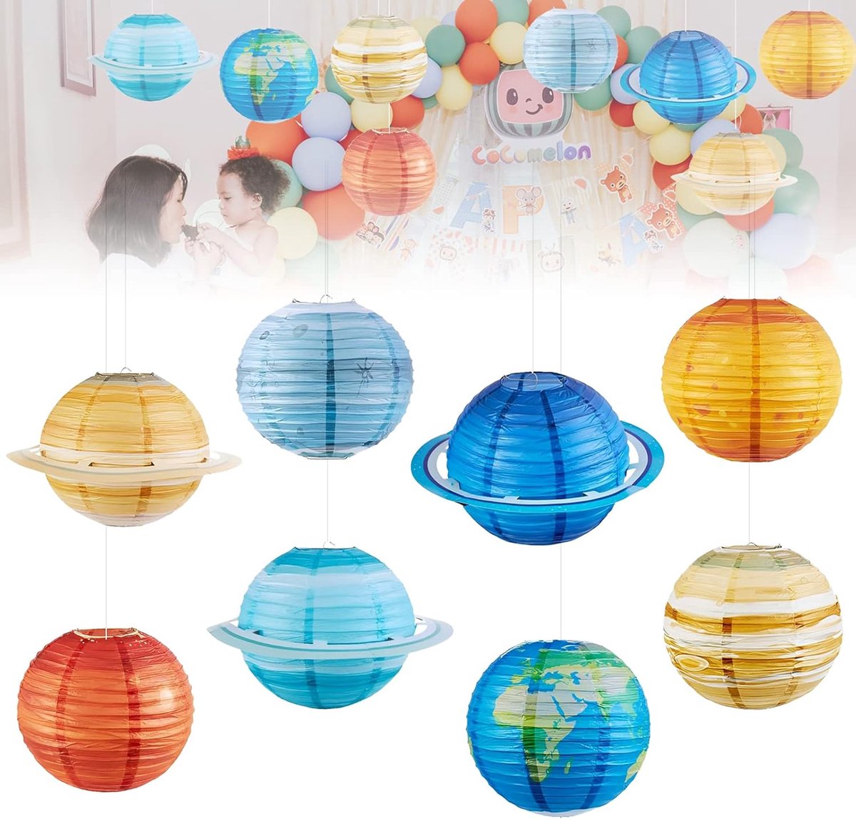 SnelShoppen - Paper Lantern Kinderlampen - 8 Planeten Lampion - Kleurige Papieren Lampions voor Feestdecoratie - Duurzaam en Herbruikbaar - Perfect vo