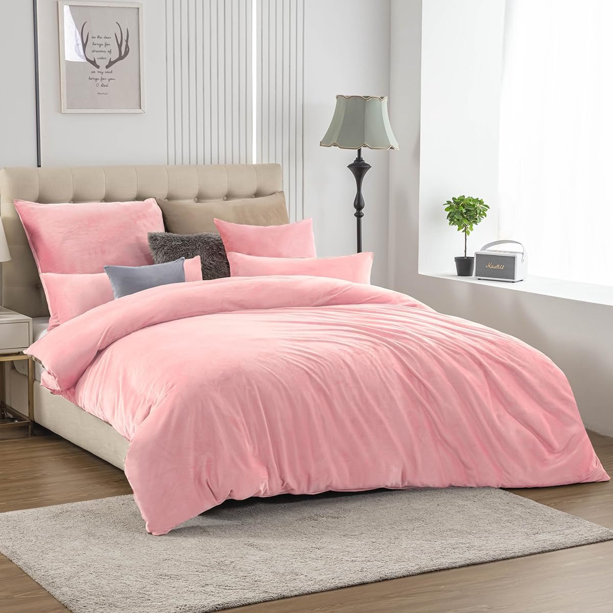 SnelShoppen - Winter Flanel Dekbedovertrek 200x200 - Roze Fluffy en Warme Cashmere Touch Dekbedovertrek + Kussensloop 80x80 cm met Rits