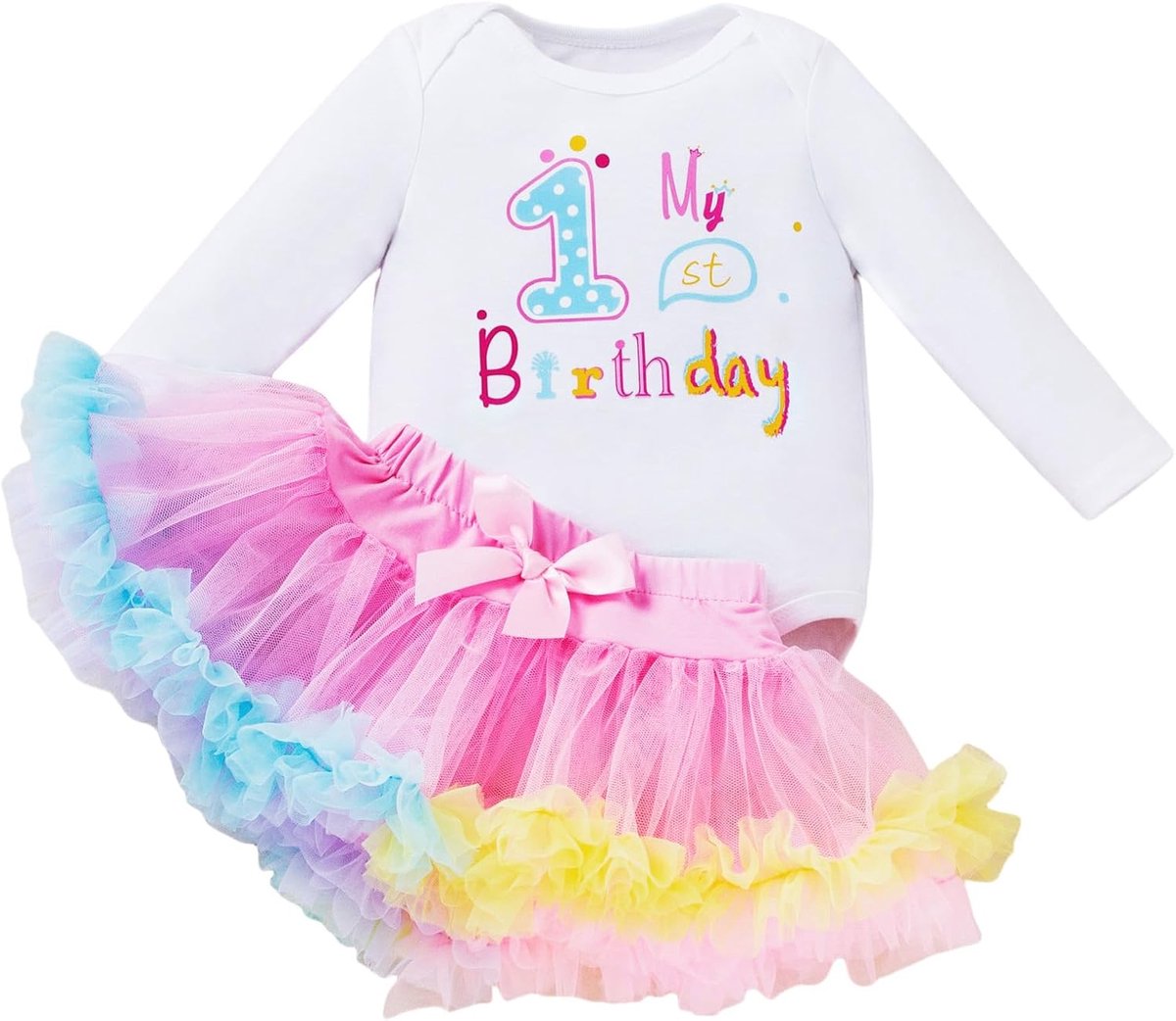 SnelShoppen - TuTu Rok Set voor 1e Verjaardag - Jurk met Lange Mouwen, Tutu Rok, Hoofdband, Feestkleding voor Meisjes, Kleur: Roze, Perfect voor Verja
