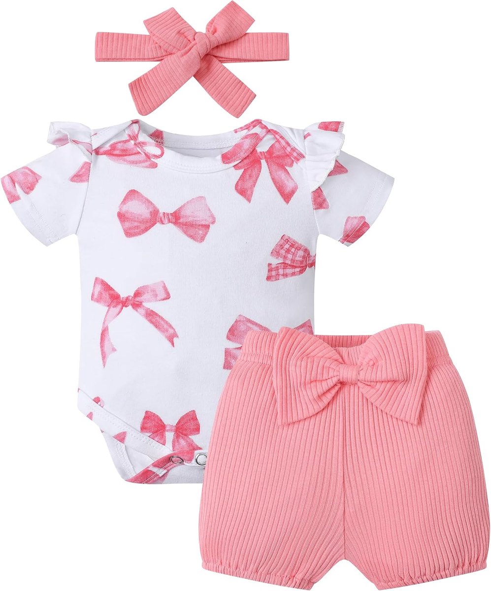 SnelShoppen - Babykleding voor Vroeggeborenen Zomer Set voor Meisjes - Korte Mouwen T-shirt met Ruches en Shorts met Strik - 12 Maanden - Lichtgewicht