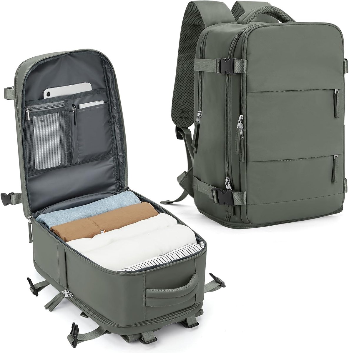 SnelShoppen - SZLX Ryanair Handbagage 40x20x25 Reisrugzak met Waterfleshouder en Laptopvak tot 14 Inch - Olijfgroen voor Vliegtuig, Weekendje Weg, en