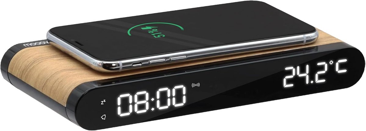 SnelShoppen - Wekker met Inductie-Oplader 15W en USB-C, Houteffect, Geïntegreerde Temperatuur, Modern Design voor Slaapkamer, Woonkamer, Thuisgebruik