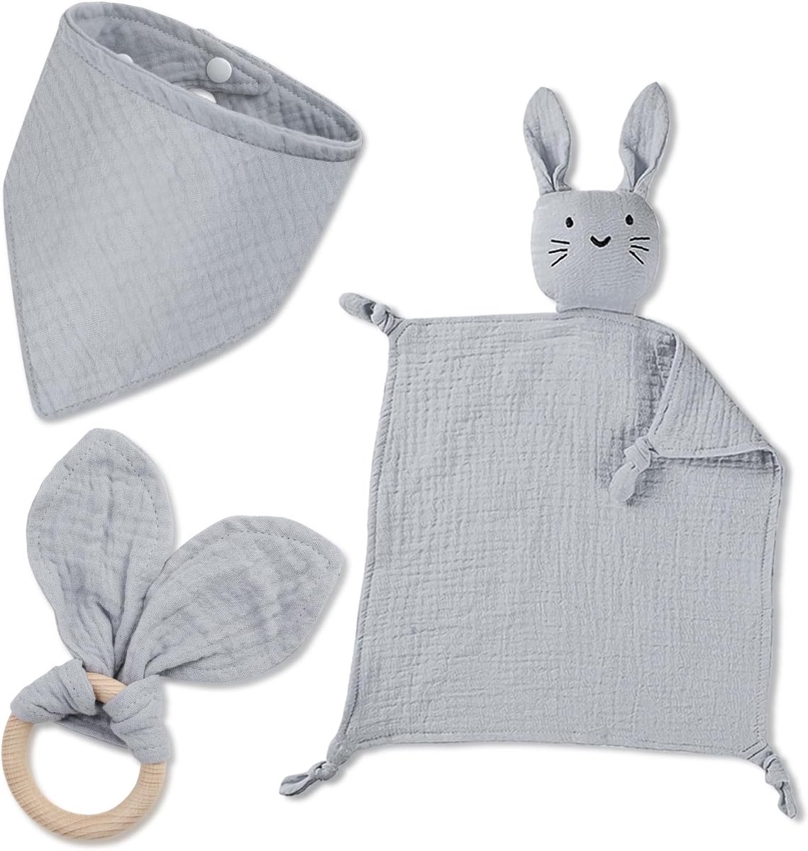 Thijox - Babycadeau voor jongens en meisjes - 3-delige cadeauset met knuffeldoek haas, houten bijtring en slabbetje van katoen - Geboortegeschenken vo