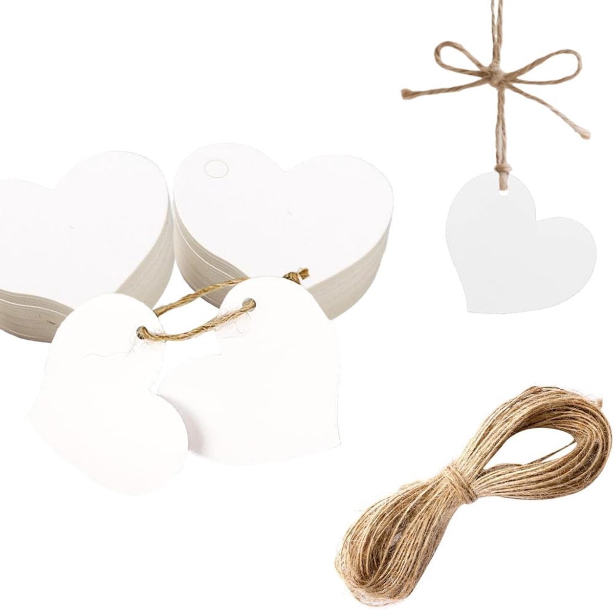 SnelShoppen - 50 Hartvormige Hangers van Kraftpapier met Koord - Witte Cadeauhangers voor Bruiloft, Feest, Verjaardag, Valentijnsdag, Kerstmis - Perfe