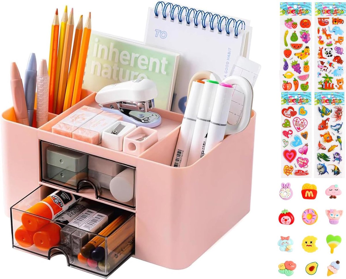 SnelShoppen - Bureau-organizer met lade, multifunctionele bureauaccessoires voor pennen, 5 vakken, roze, ideaal voor kantoor, thuis en school