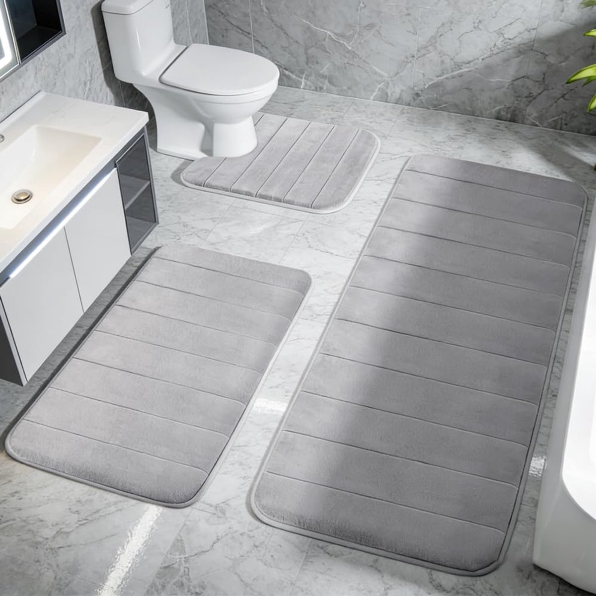 SnelShoppen - Badmattenset 3-delig traagschuim, antislip en absorberend, zachte sneldrogende badmatten, wasbaar tapijt voor douche, toilet en bad, lic