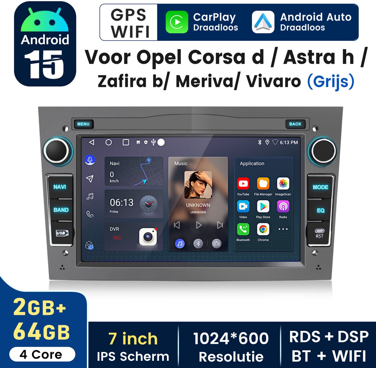 HexinexMarket - Autoradio Geschikt voor Opel Astra H Corsa D Meriva Zafira B - Draadloos CarPlay Android Auto multimediaspeler GPS Navi - 2GB+64GB