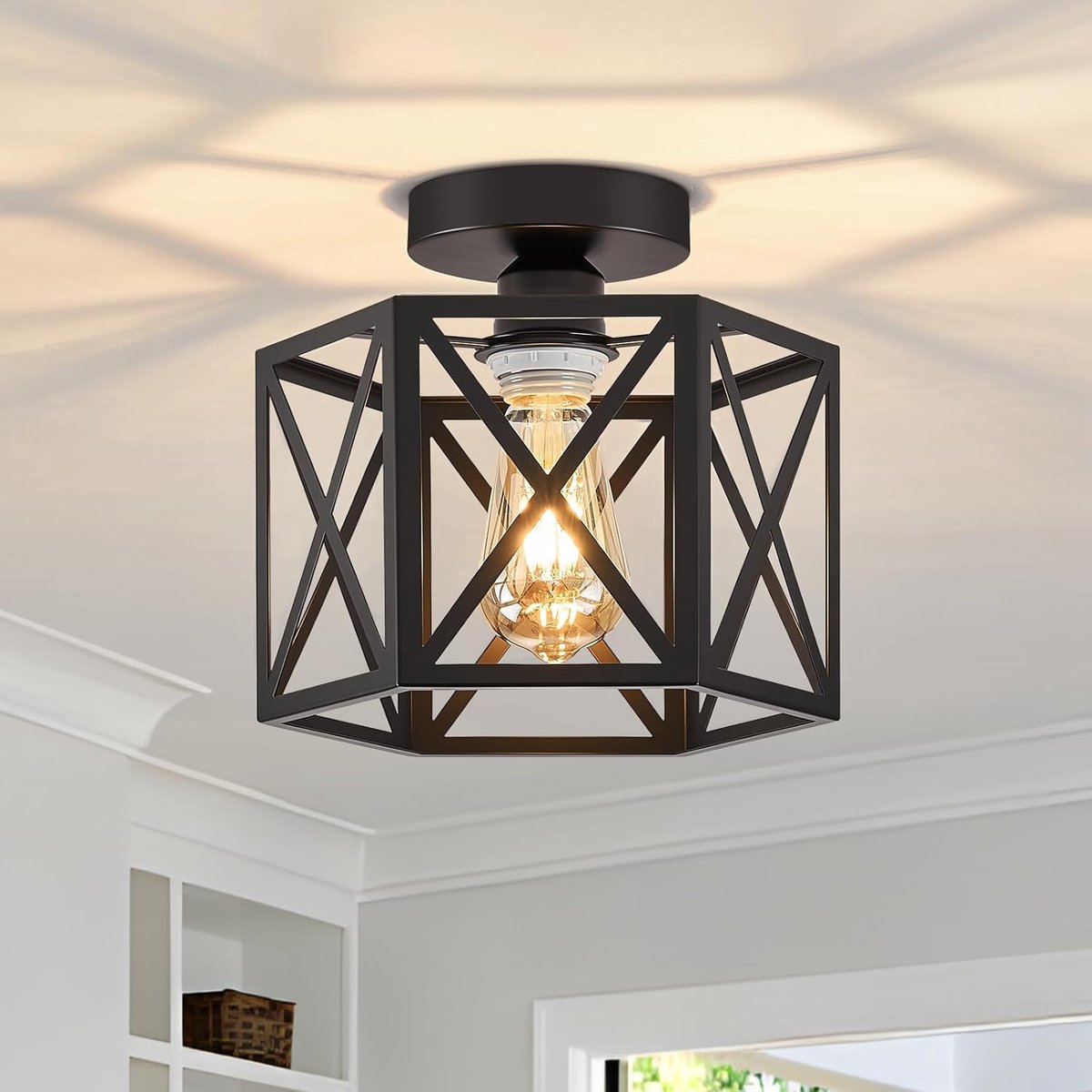 SnelShoppen - Vintage Plafondlamp Zwart 1licht E27, Industrieel Stijl Kooi Lichtarmatuur Metaal voor Keuken, Gang, Slaapkamer, Woonkamer en Entree