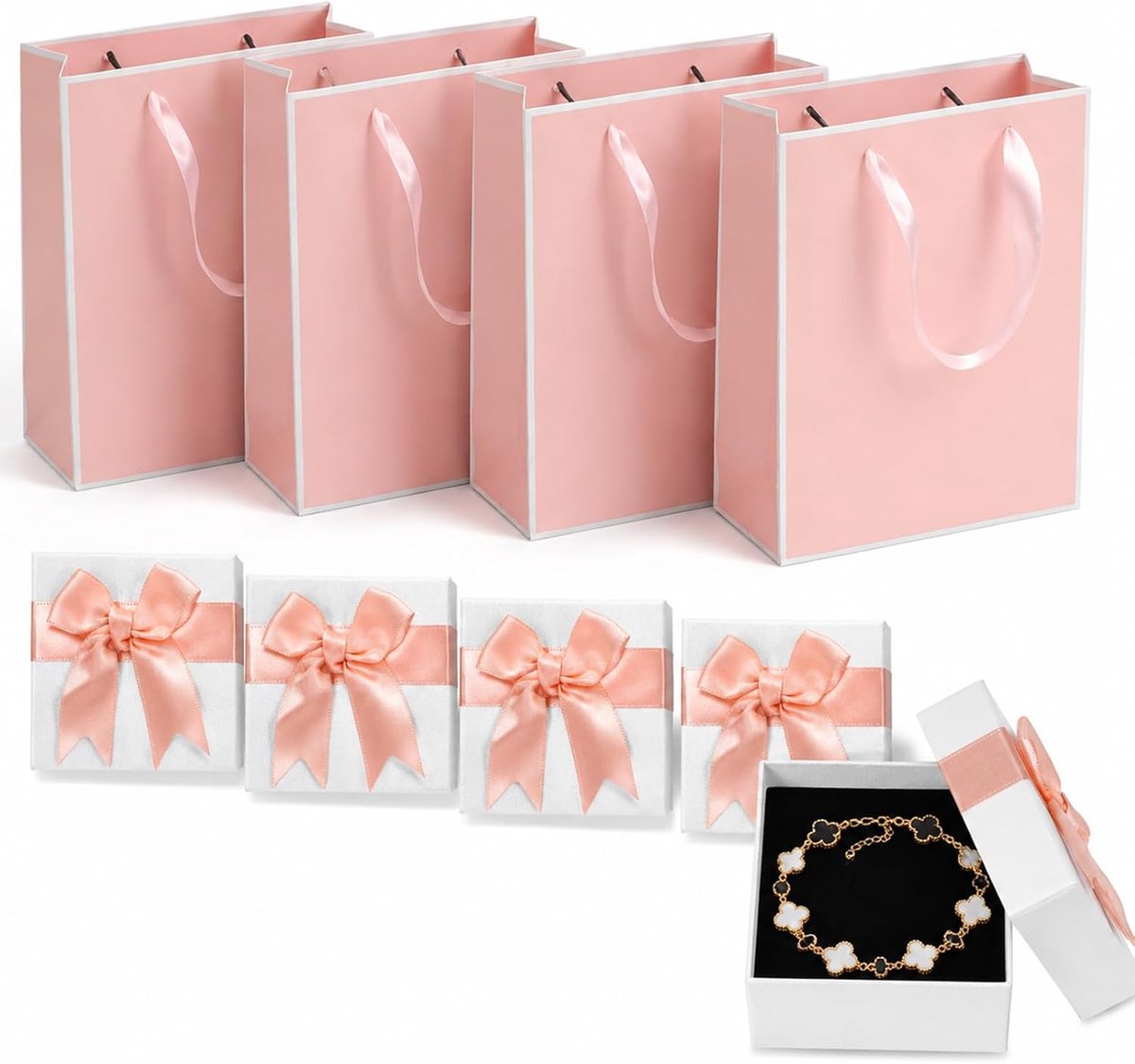 SnelShoppen - Cadeaudoosjes cadeauverpakking sieradendoosje 4 stuks 7x7x3.5 cm roze met lint luxe verpakking voor sieraden kerst valentijn en andere f