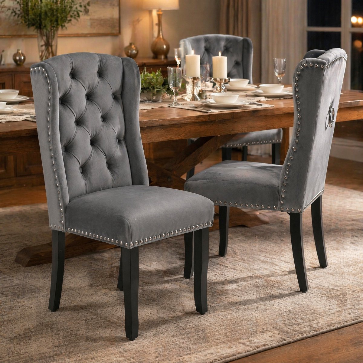 COVREO Eetkamerstoel 100 x 61 x 45 cm - set van 2, velvet, eiken poten, grijs