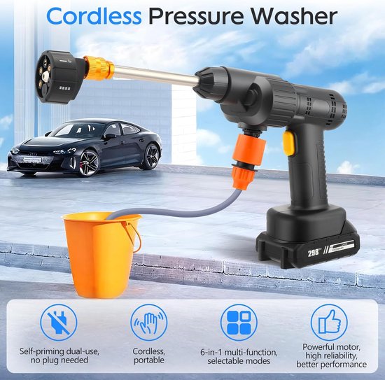 SnelShoppen - Draadloze Accu Hogedrukreiniger 21 V met 2 x 6000 mAh Accu, 36 Bar Mobiele Drukreiniger, 240 W Krachtig, 4 l/min Waterstroom voor Auto, van Snelshoppen — afbeelding 3