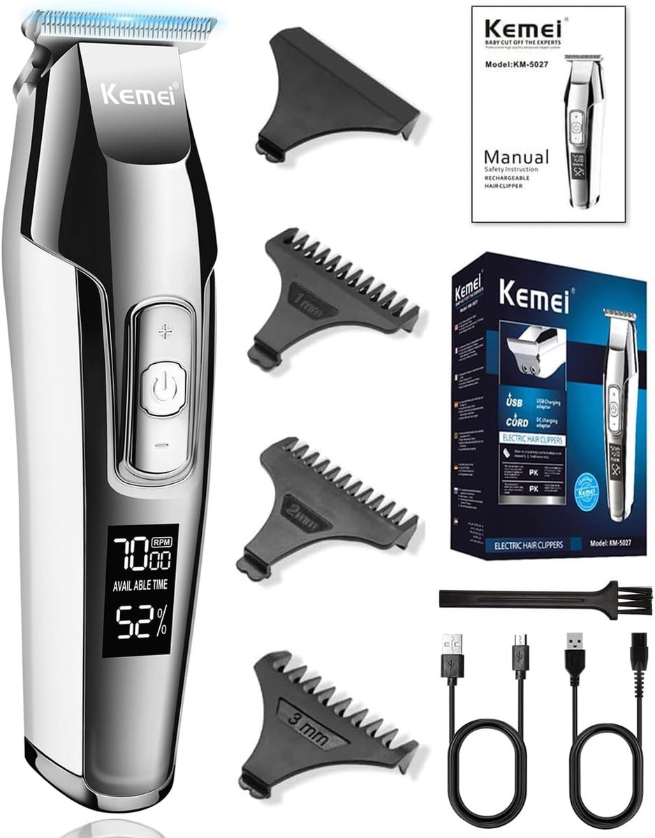 SnelShoppen - Professionele Draadloze Elektrische Tondeuse voor Mannen met LCD Scherm - Oplaadbare Baard en Haar Trimmer - Zilveren Kapsel Cutter - Id