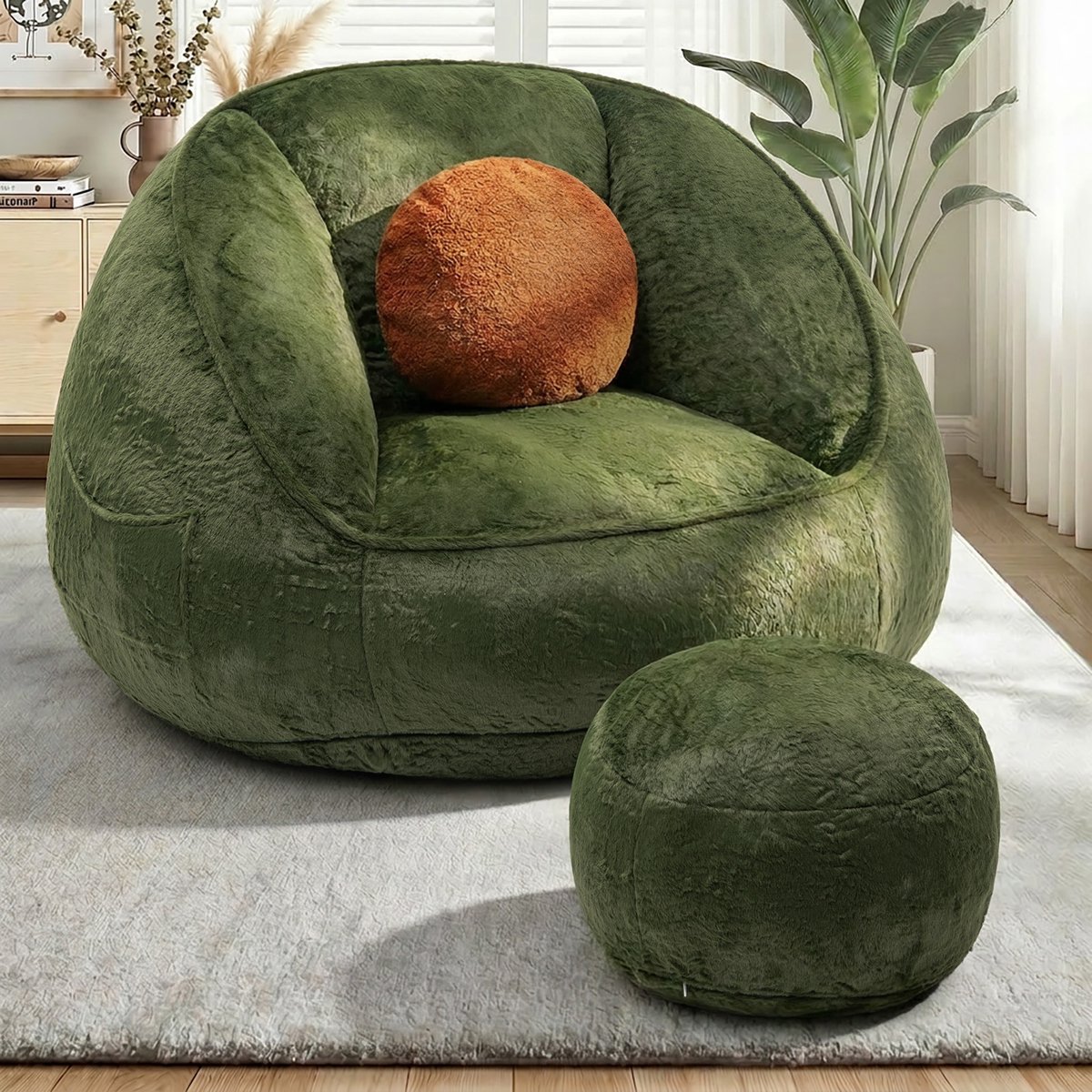 HOMMPA XXL Zitzak met Voetenbank Groen – Memory Foam Relaxstoel met Rugleuning – Kunstkonijnenbont Hoes – Inclusief Kussen & Zijvak – 120×110×80 cm