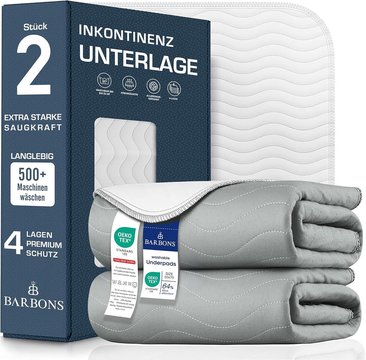 SnelShoppen - Wasbare Incontinentieonderlegger 75 x 90 cm - 2-delige Set, Waterdicht Matrasbeschermer, Grijs, Vochtbescherming voor Bed en Matras