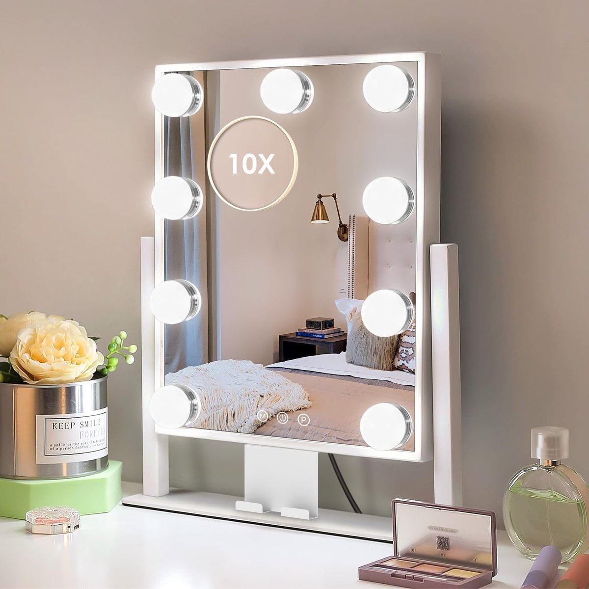 SnelShoppen - Hollywood Make-up Spiegel met Verlichting - 3 Kleurmodi, 9 Dimbare LED-lampen, Aanraakbediening, 360 Rotatie, Afneembare 10x Vergroting