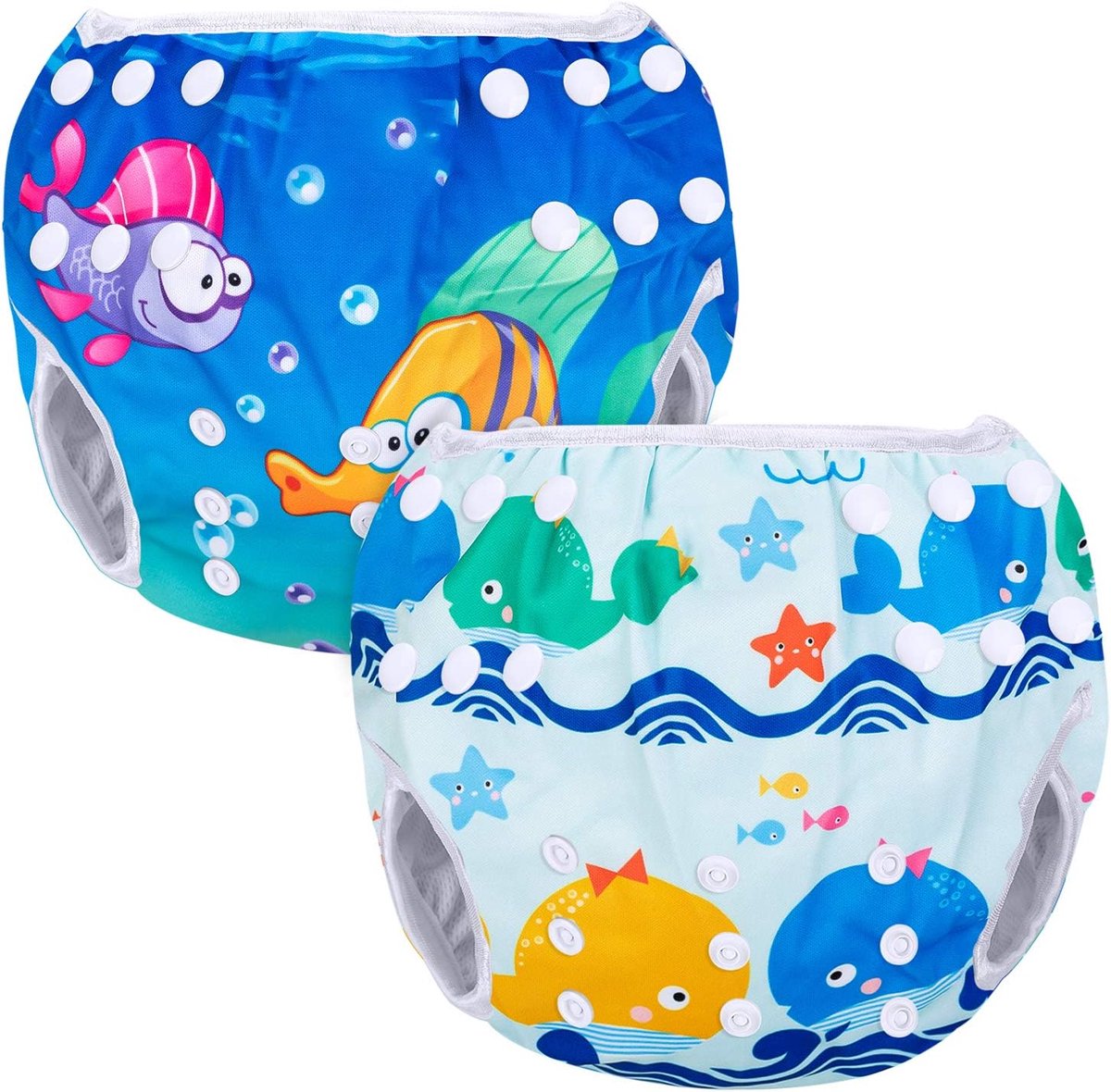SnelShoppen - Herbruikbare Baby Zwemluier (2 Stuks) - Verstelbare Zwemluier voor Baby's (0-3 Jaar) - Walvissen + Vissen Design - Ideaal voor Zwembad,