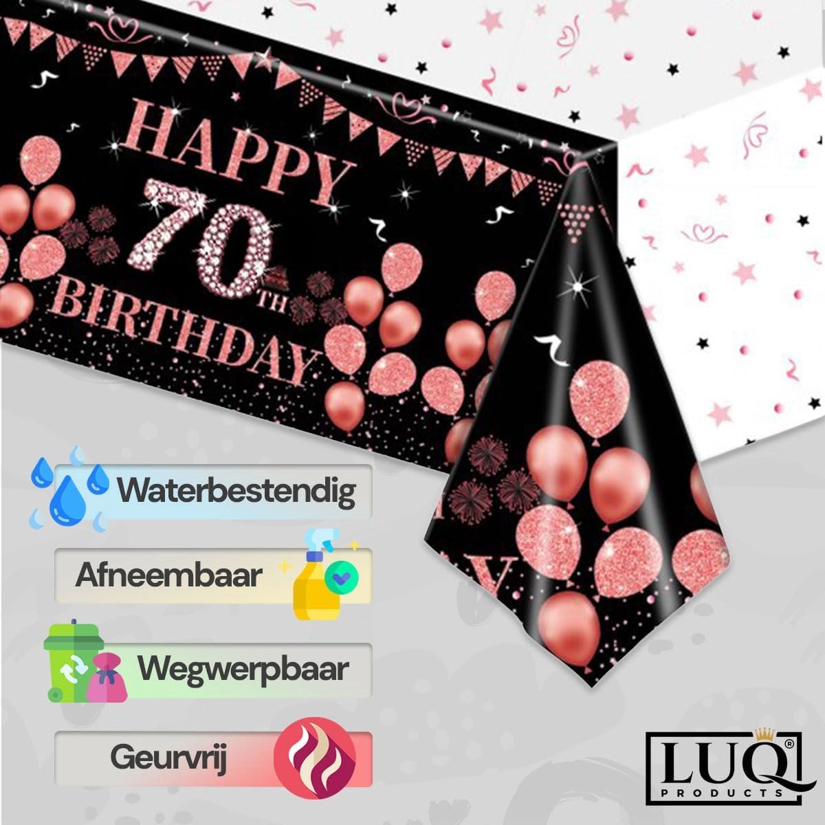 SnelShoppen - Luxe Tafelkleed 70 Jaar Verjaardag Zwart Roze Goud Feestdecoratie Tafelrunner Oilcloth XL 137x274 cm Wegwerp Tafelkleed