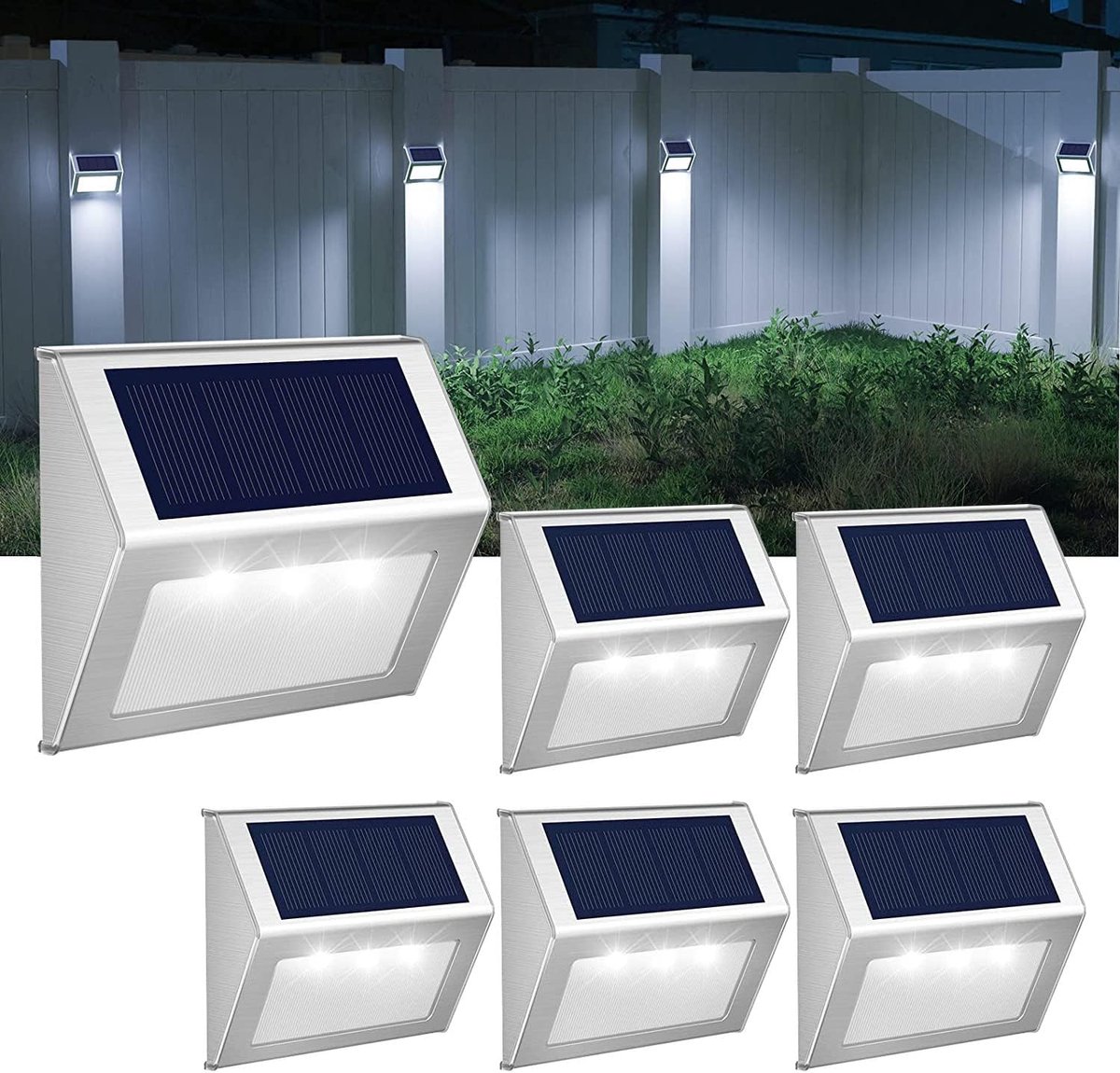 SnelShoppen - Cool White Solar Fence Lights - RVS Decoratieve Tuinverlichting LED Buitenlampen - Waterdichte Staplampen Draadloze Buitenverlichting vo