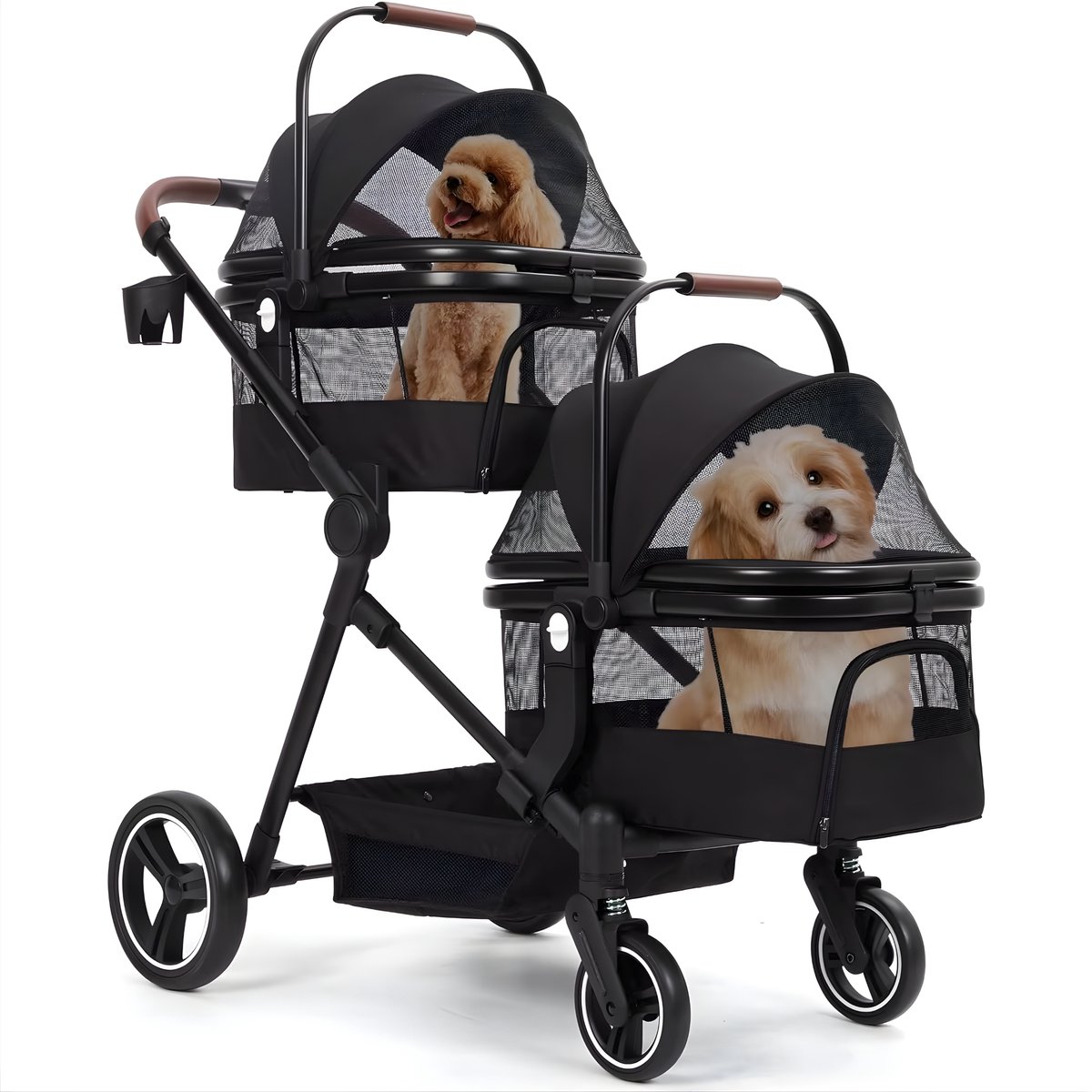 Opvouwbare hondenbuggy - Dubbeldek huisdier stroller met veiligheidstuigjes en netramen - Zwart, 400x400 cm