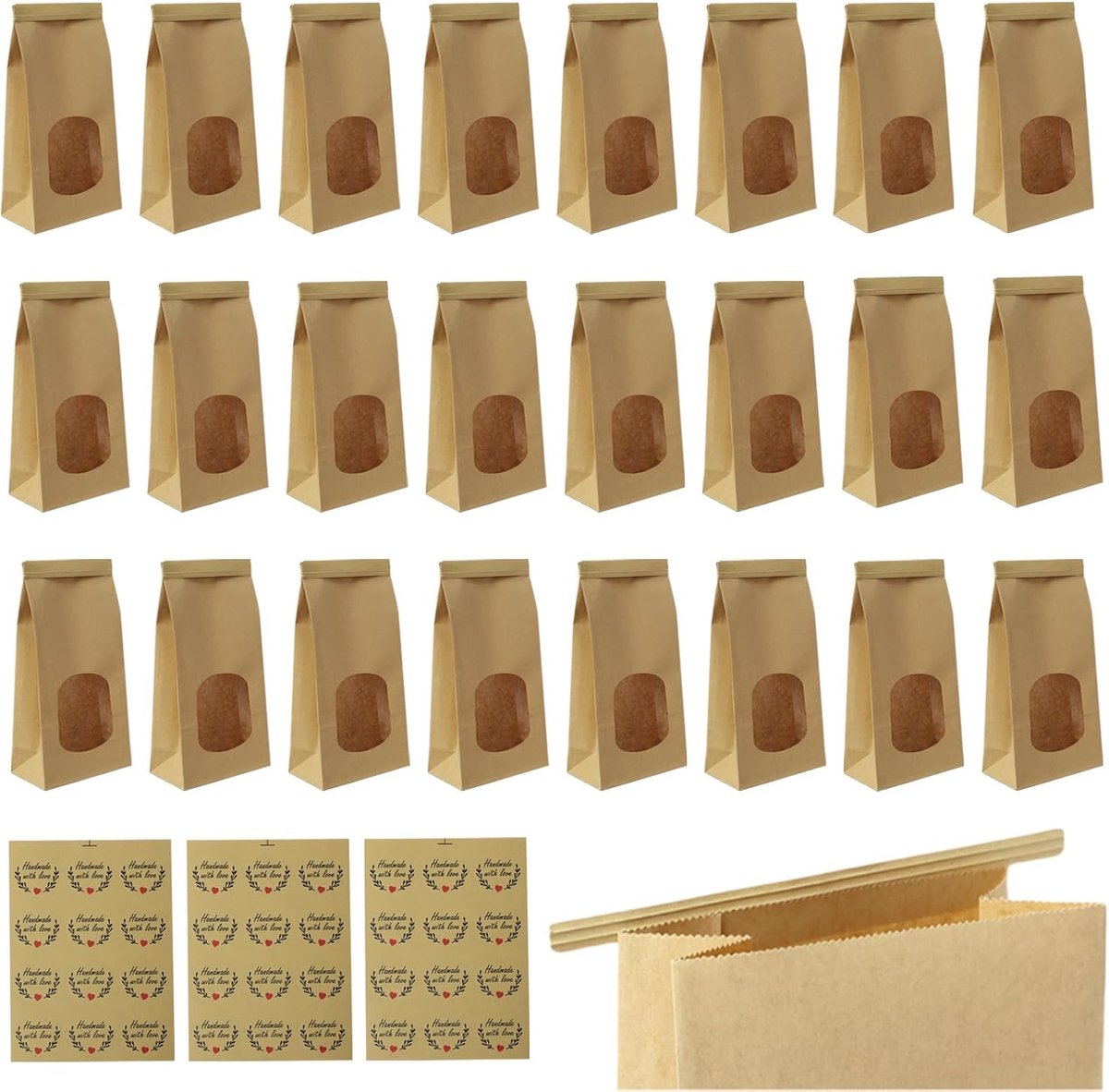 SnelShoppen - Lot van 24 Kraft Papieren Zakjes met Transparant Venster - Koekjeszakjes met Sluitkoord 24x12x6 cm - Milieuvriendelijk Bruin Papier - Id