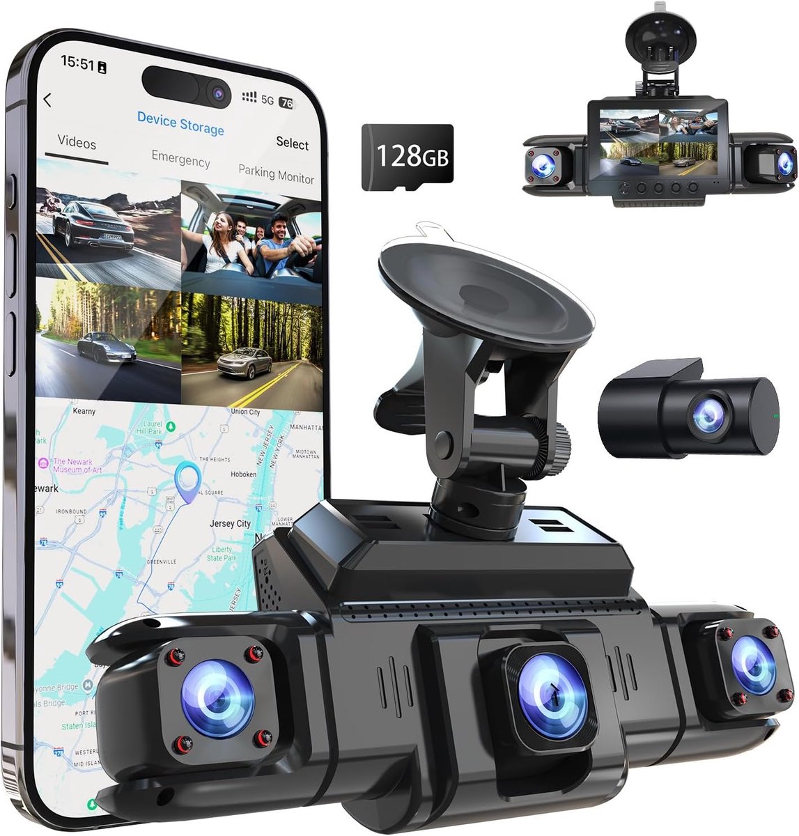 SnelShoppen - 4-Kanaals Dashcam voor Auto met 360 Graden Front- en Achtercamera, GPS, 5G Band Wifi, Nachtzicht, WDR, 24-Uurs Parkeermodus en 128GB Kaa