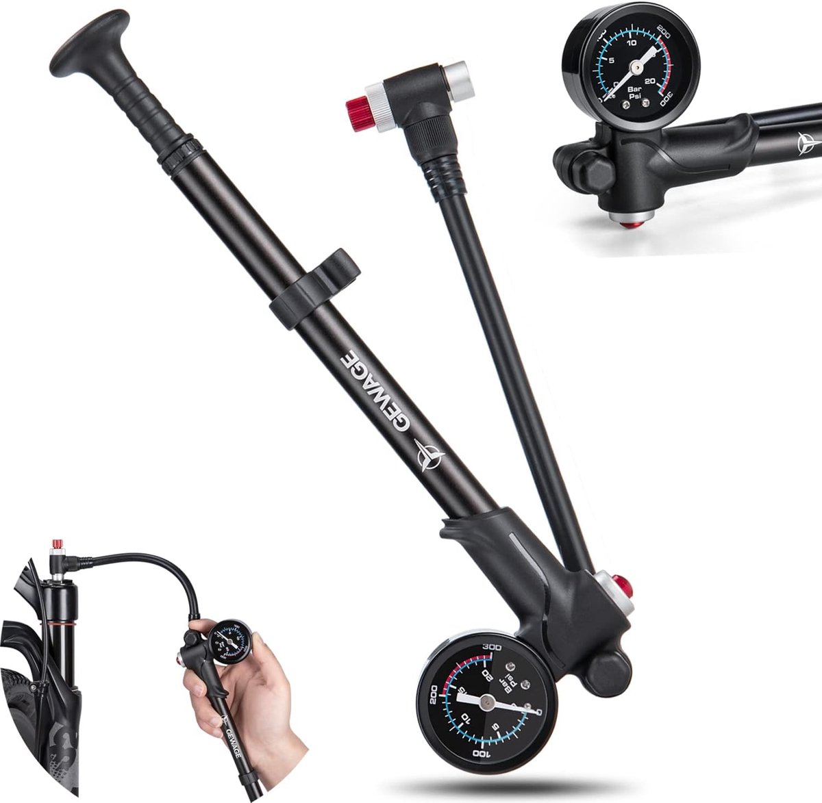 SnelShoppen - GEWAGE Hogedruk Demperpomp 300 psi, 2-in-1 Fietspomp voor MTB en Racefietsen, Ergonomische Draagbare Minipomp met Ontluchtingsknop en 1,