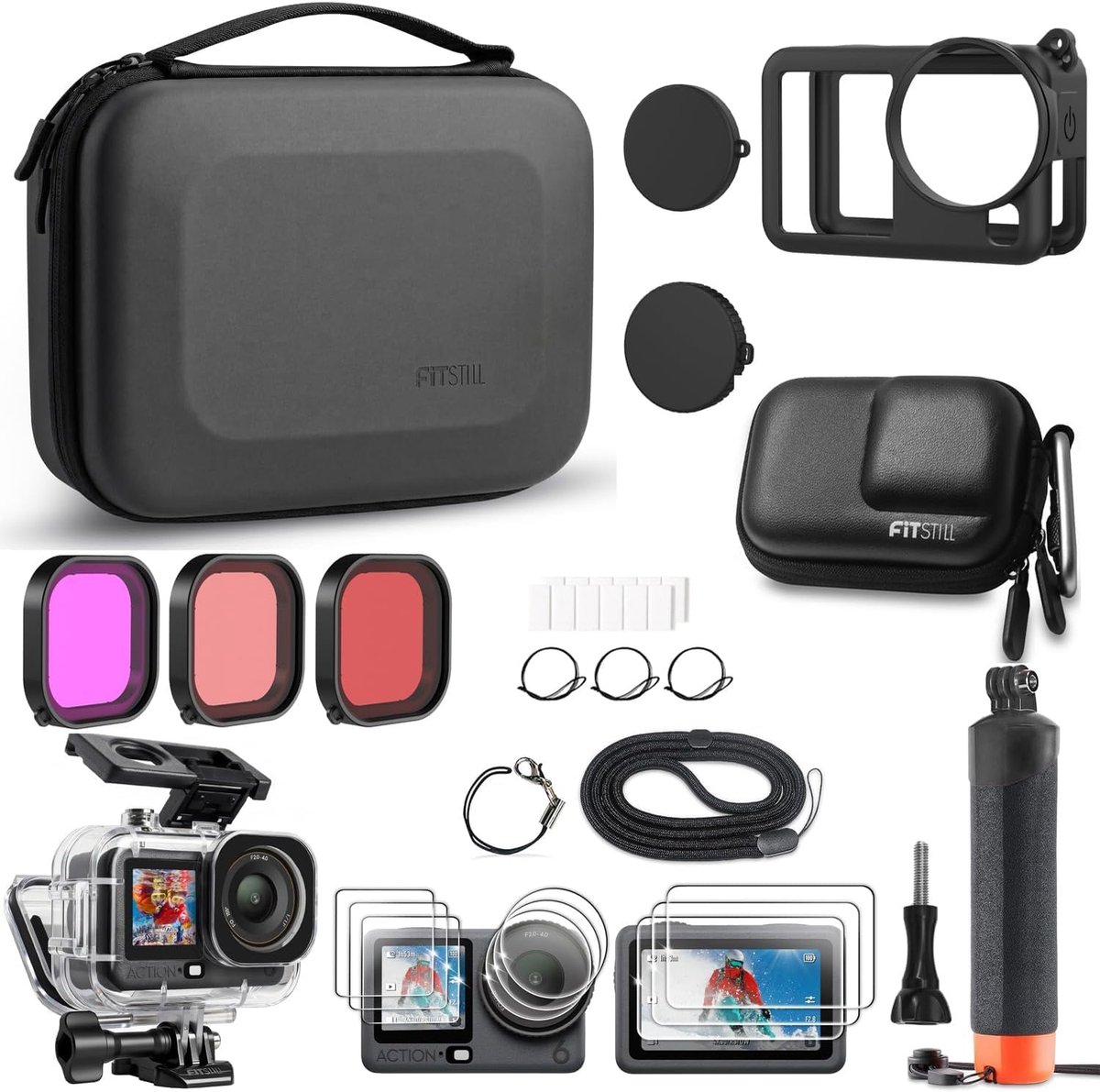 SnelShoppen - Accessoireset voor Action Camera met Waterdichte Behuizing tot 60m, Siliconen Beschermhoes, Gehard Glas Displayfolie, Drijvende Handgree