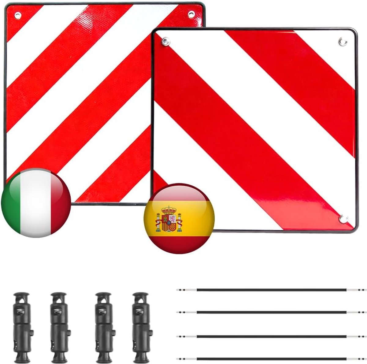 SnelShoppen - 2-in-1 Waarschuwingsbord Fietsendrager Italië Spanje 50x50 cm Reflecterend Rood Wit PVC met 4 Spankabels voor Camper Caravan Auto