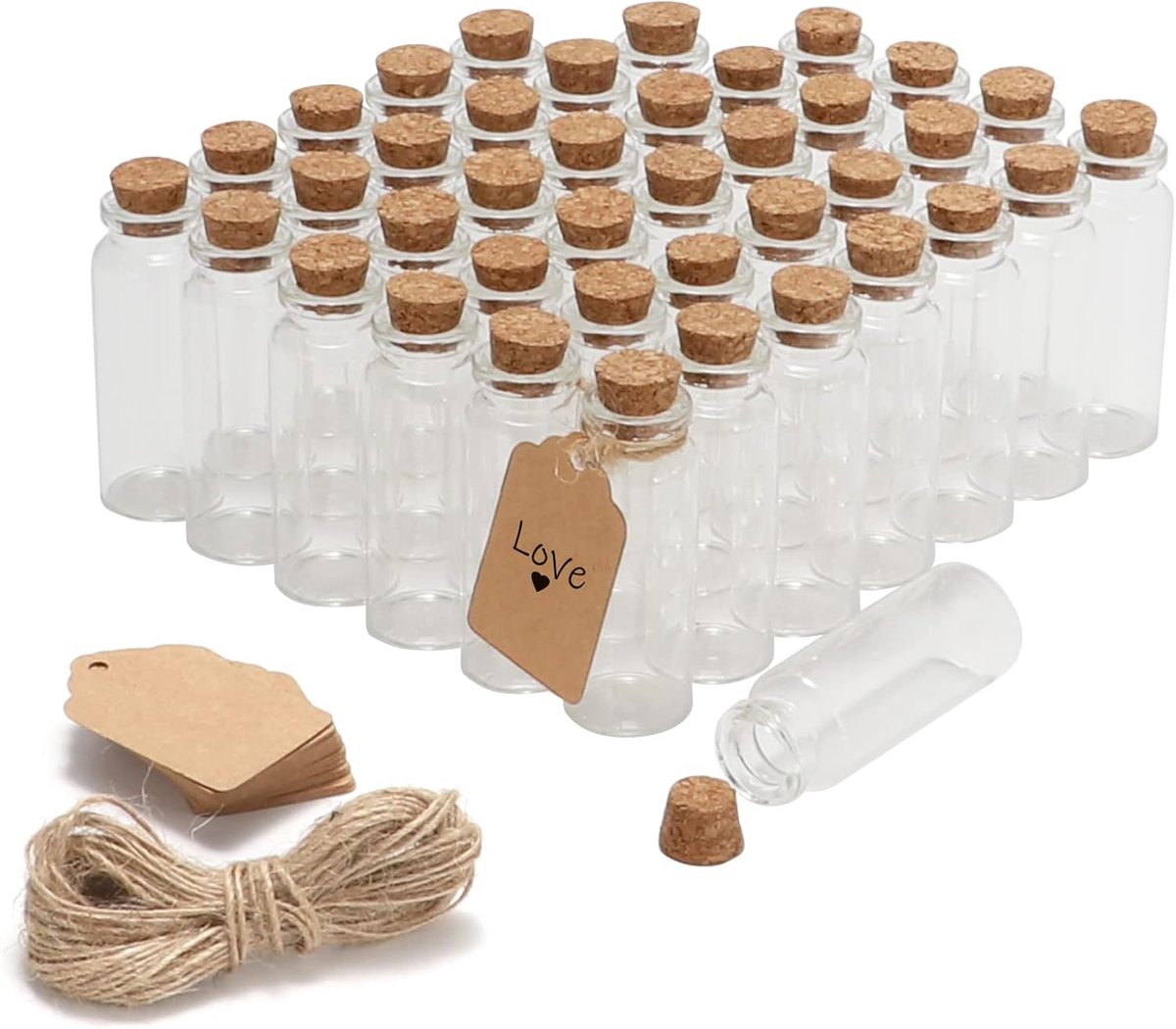 SnelShoppen - 40 Mini Glazen Flessen 20 ml met Kurkstops - Doe-Het-Zelf Decoratie Potjes voor Kunstambachten, Wensflesjes met Labels en Koord - Perfec